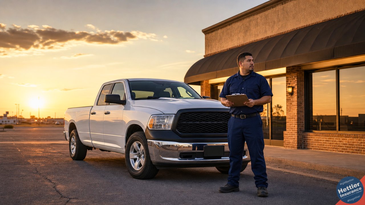 White commercial work pickup truck at sunset outside a Lubbock Texas business with a worker holding a clipboard.