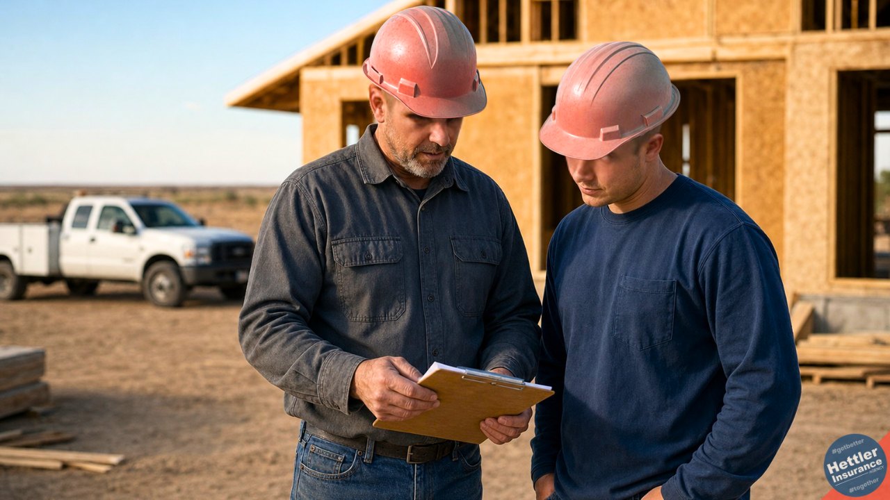Texas contractor in a hard hat reviewing plans with a crew member outside a Lubbock residential construction site