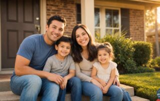 Young Texas family of four sits smiling on the front porch of their Lubbock home at golden hour after reviewing life insurance coverage.