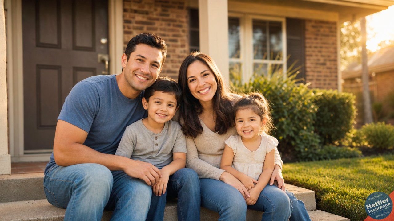 Young Texas family of four sits smiling on the front porch of their Lubbock home at golden hour after reviewing life insurance coverage.