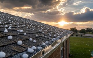 Hailstones scattered across an asphalt-shingle roof of a Texas home with a dented metal gutter and a dramatic storm-aftermath sky.