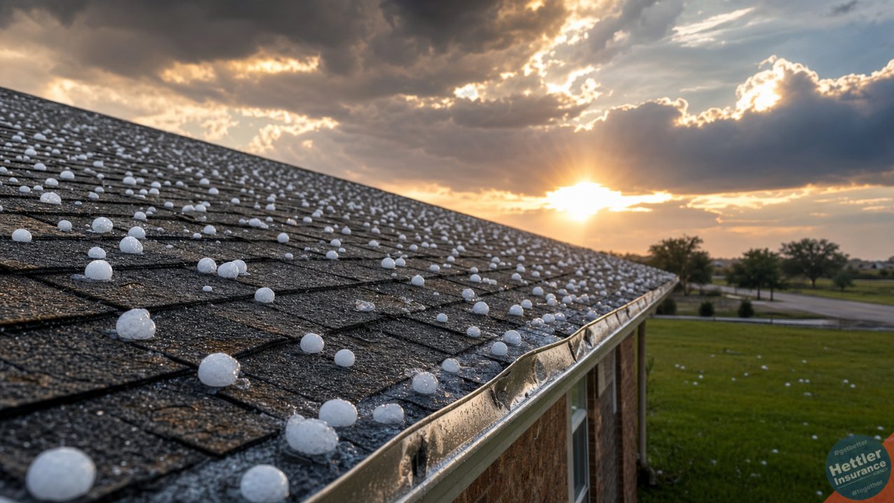 Hailstones scattered across an asphalt-shingle roof of a Texas home with a dented metal gutter and a dramatic storm-aftermath sky.