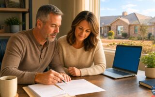 Texas homeowner couple reviewing a homeowners insurance policy at a desk before hail season in Lubbock