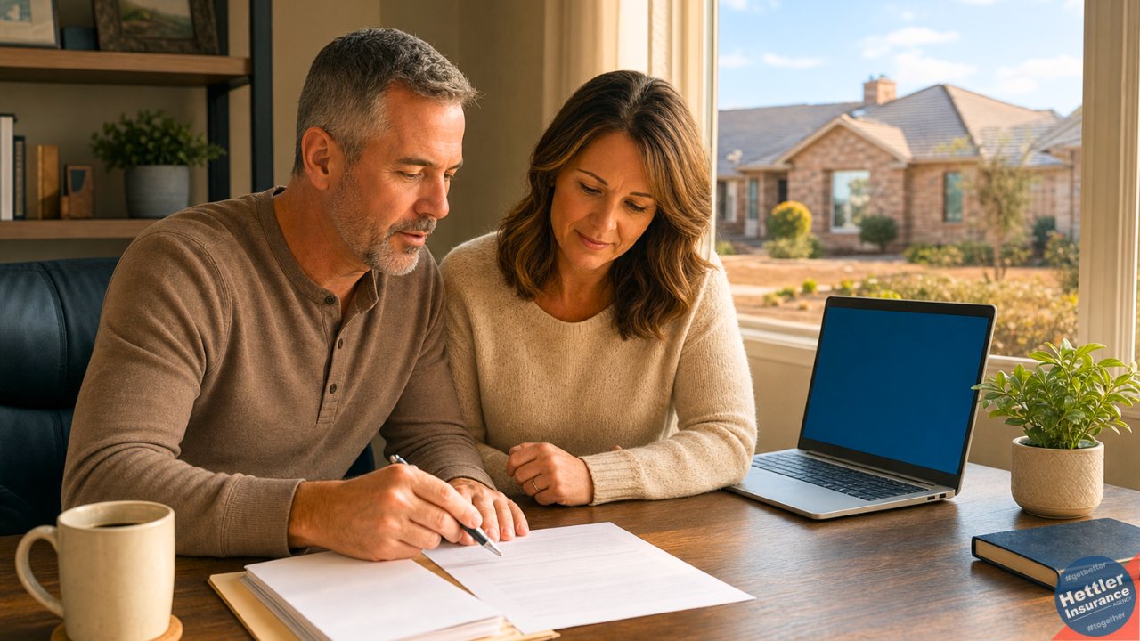 Texas homeowner couple reviewing a homeowners insurance policy at a desk before hail season in Lubbock