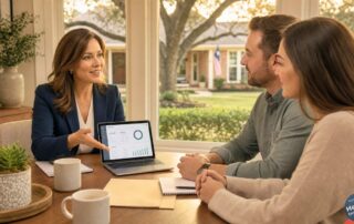 Licensed Texas insurance agent reviews home coverage options with a Lubbock couple at their dining table.