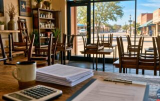 Empty interior of a small Texas main-street business closed for repairs, with stacked chairs, paperwork, and a calculator on the counter — illustrating business interruption insurance.