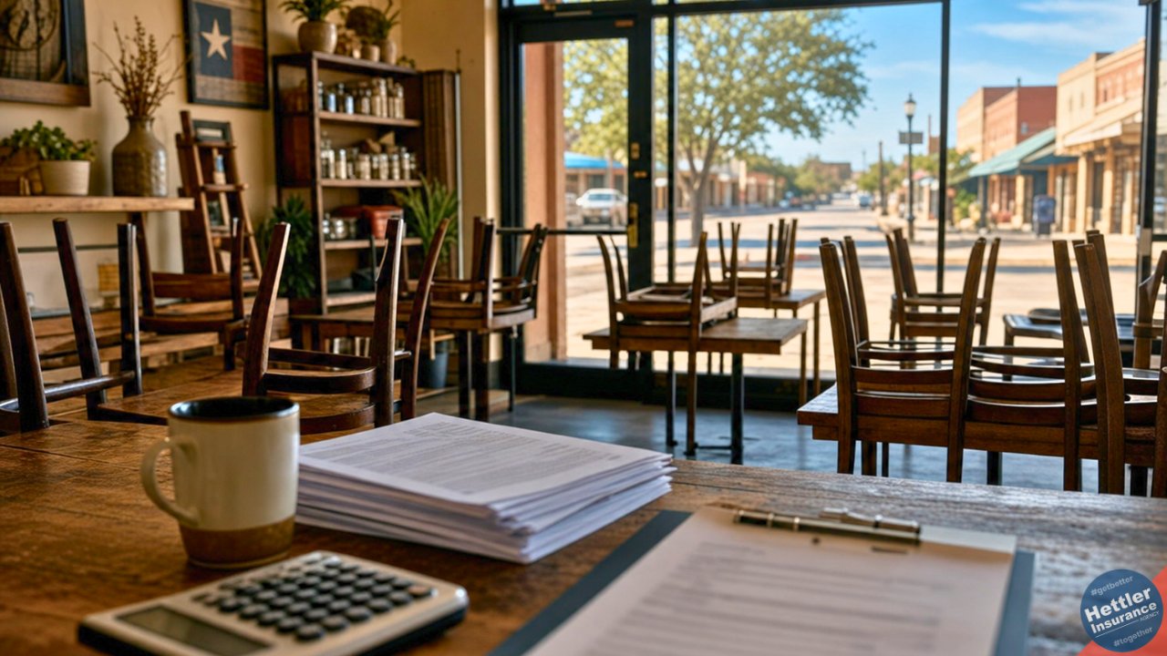 Empty interior of a small Texas main-street business closed for repairs, with stacked chairs, paperwork, and a calculator on the counter — illustrating business interruption insurance.