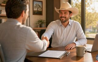 Texas small business owner in a cowboy hat shakes hands with a client across a desk in a Lubbock office during a liability coverage review.