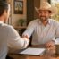 Texas small business owner in a cowboy hat shakes hands with a client across a desk in a Lubbock office during a liability coverage review.