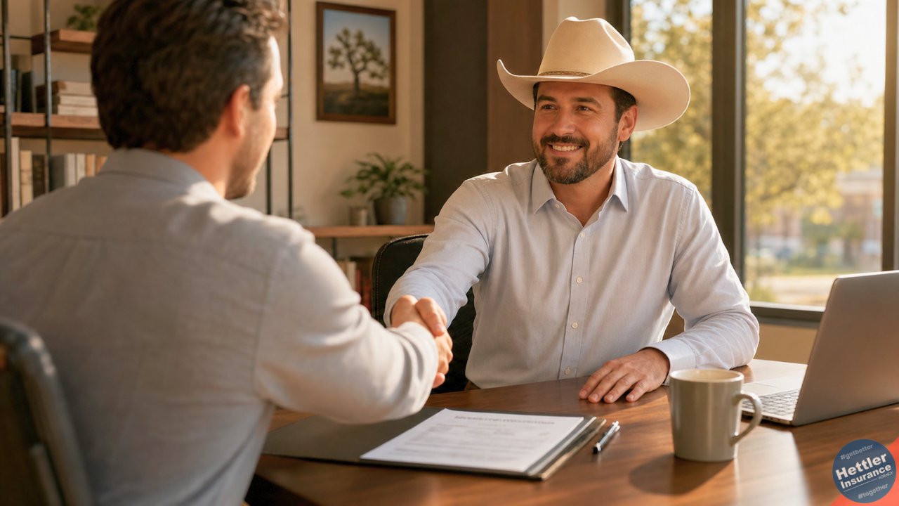 Texas small business owner in a cowboy hat shakes hands with a client across a desk in a Lubbock office during a liability coverage review.