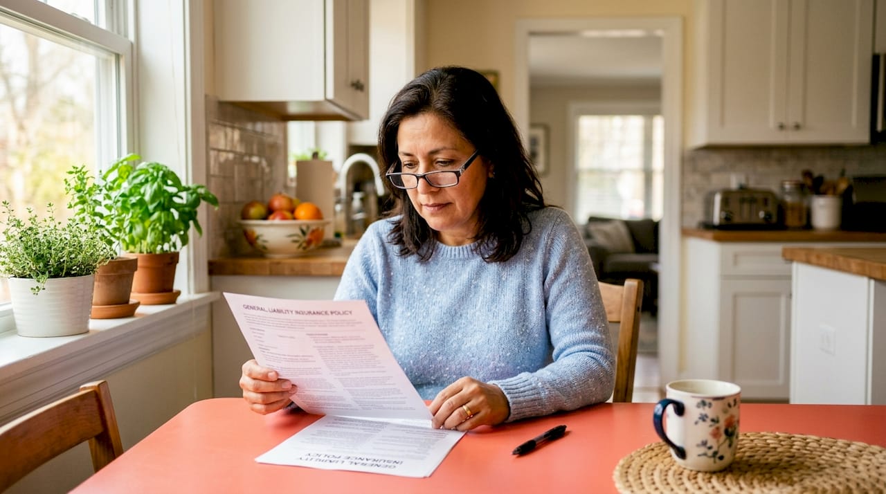 Woman in a light-blue sweater and glasses reading a Texas General Liability Insurance Policy at a coral table with a floral mug.