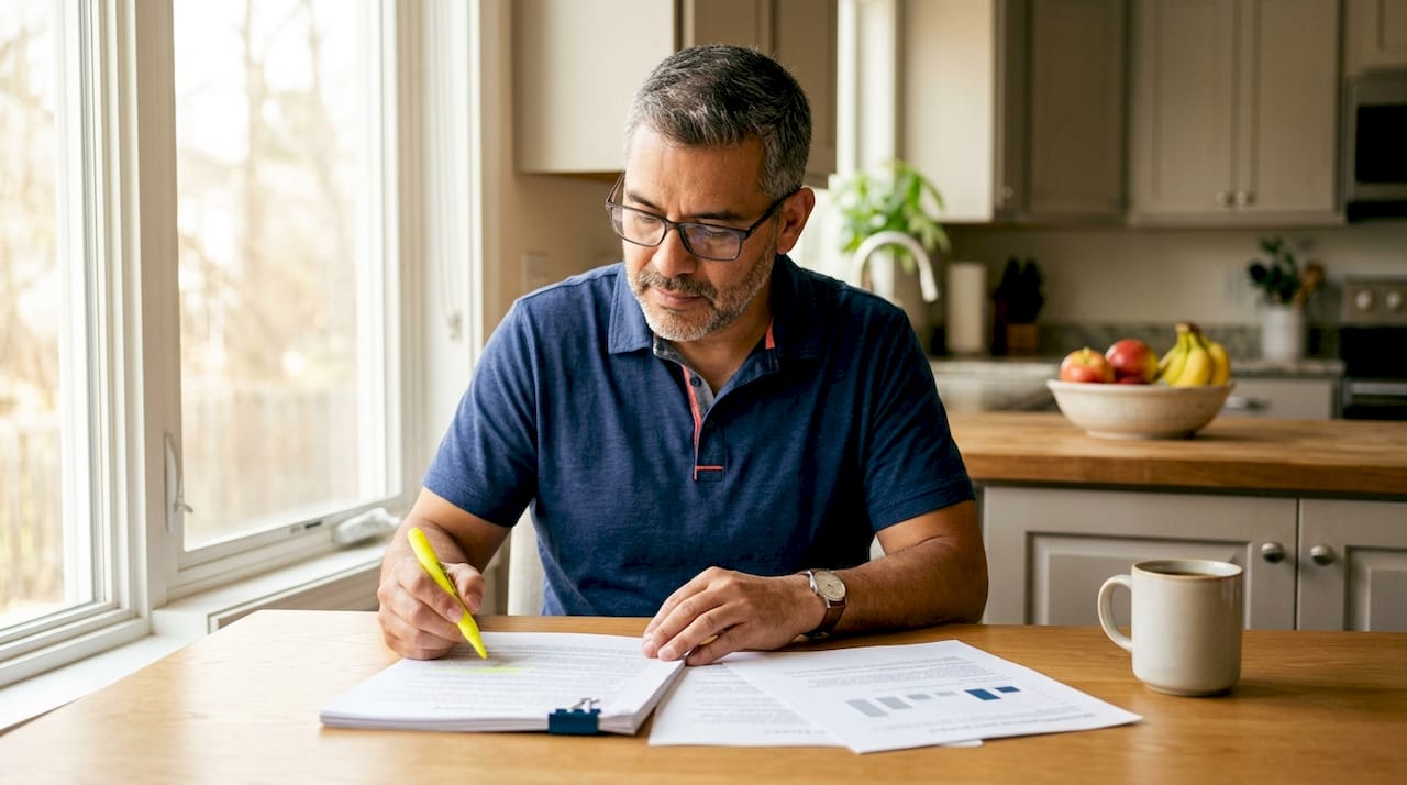 Man in a navy polo and glasses highlighting Texas contractor insurance policy documents at a wood kitchen table with a coffee mug.