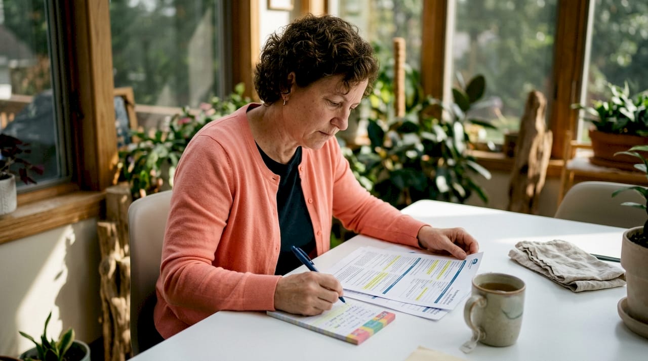 Woman in a coral cardigan writing notes on a tabbed pad next to a highlighted Texas insurance policy thinking about insurable interest in a sunny sunroom.