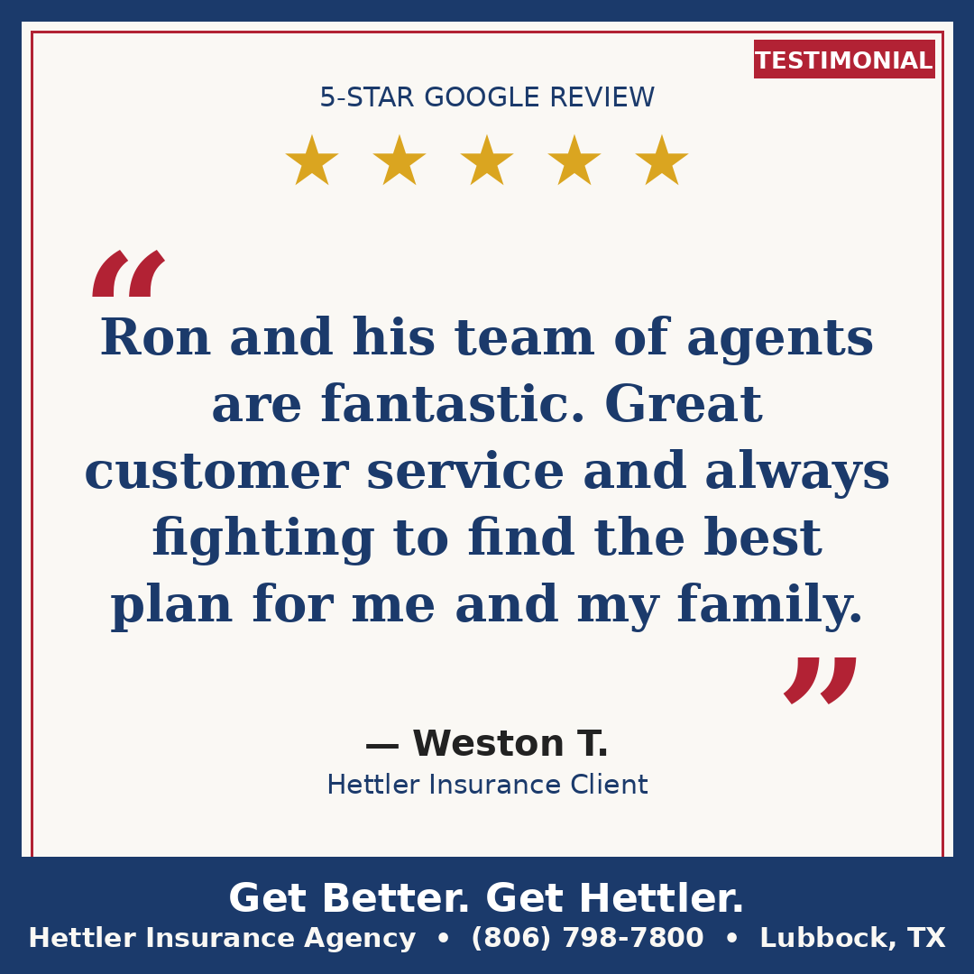 5-star Google review testimonial graphic for Hettler Insurance Agency Lubbock Texas — review from client Weston T.