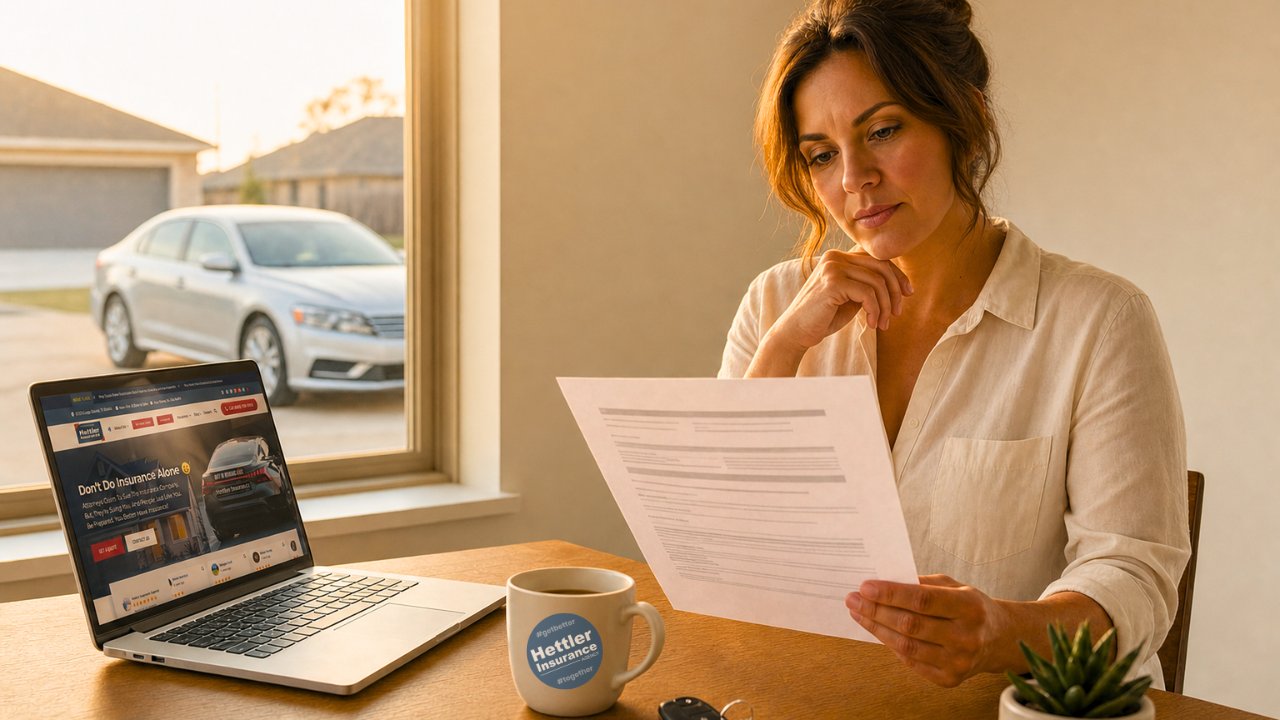 Texas driver reviewing auto insurance policy at home desk with Hettler Insurance homepage on laptop to see differences in texas auto policies