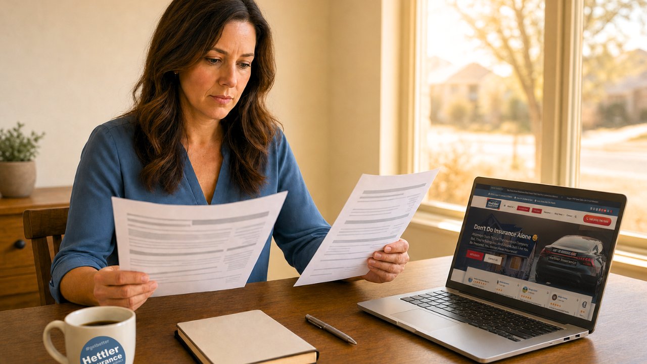 Texas homeowner comparing two insurance quotes side by side at home desk with Hettler Insurance homepage on laptop.