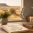 Warm cinematic photograph of a wooden office desk in soft morning light, featuring a plain ceramic coffee mug, a small green potted plant, a neat stack of blank cream-colored papers, and a stylized polished silver laurel-wreath ornament as the focal point, with a blurred West Texas mesa and grassland visible through a large office window in the background.