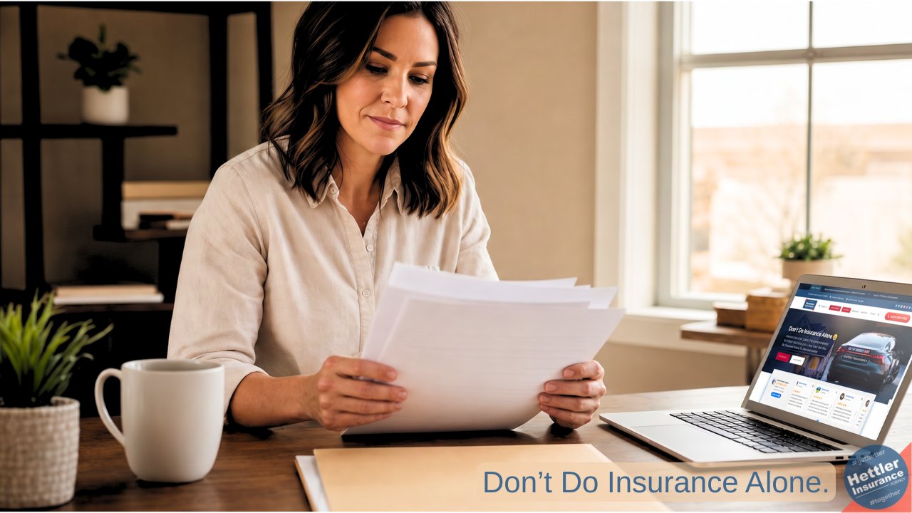 Proof of insurance Texas 2026 — Lubbock homeowner reviewing mortgage closing documents at her home office.