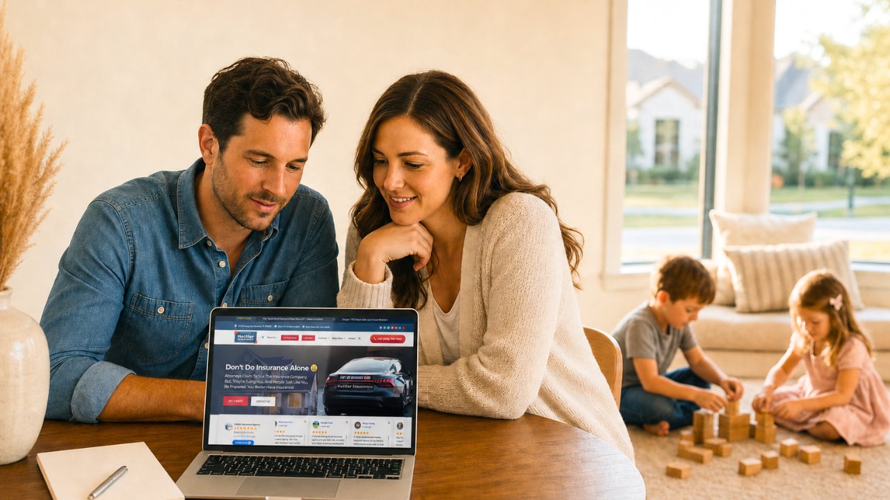 Texas family at kitchen table reviewing insurance options on laptop with Hettler Insurance homepage.