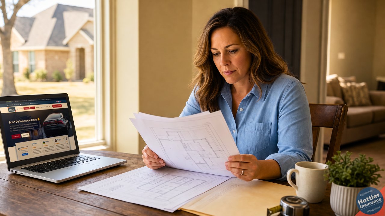 Property insurance Texas 2026 — Lubbock homeowner reviewing flood, wind and hail coverage at her dining table.