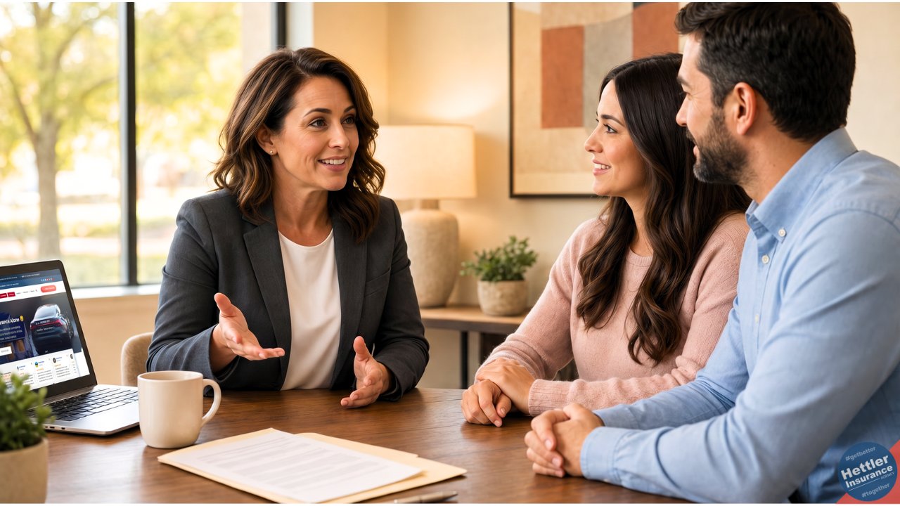 Shop independent insurance Texas 2026 — Lubbock homeowner couple consulting with an independent agent about coverage.