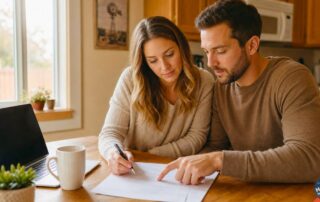 Texas financial plan insurance guide 2026 — young Lubbock couple reviewing coverage and emergency fund at home.