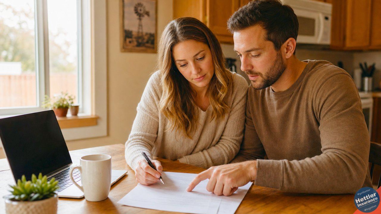 Texas financial plan insurance guide 2026 — young Lubbock couple reviewing coverage and emergency fund at home.
