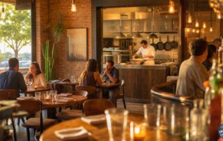 Warm interior of a busy Lubbock Texas restaurant during service with wooden tables, exposed brick, Edison pendant lights, a chef plating food in an open kitchen, and golden afternoon light through a large front window.