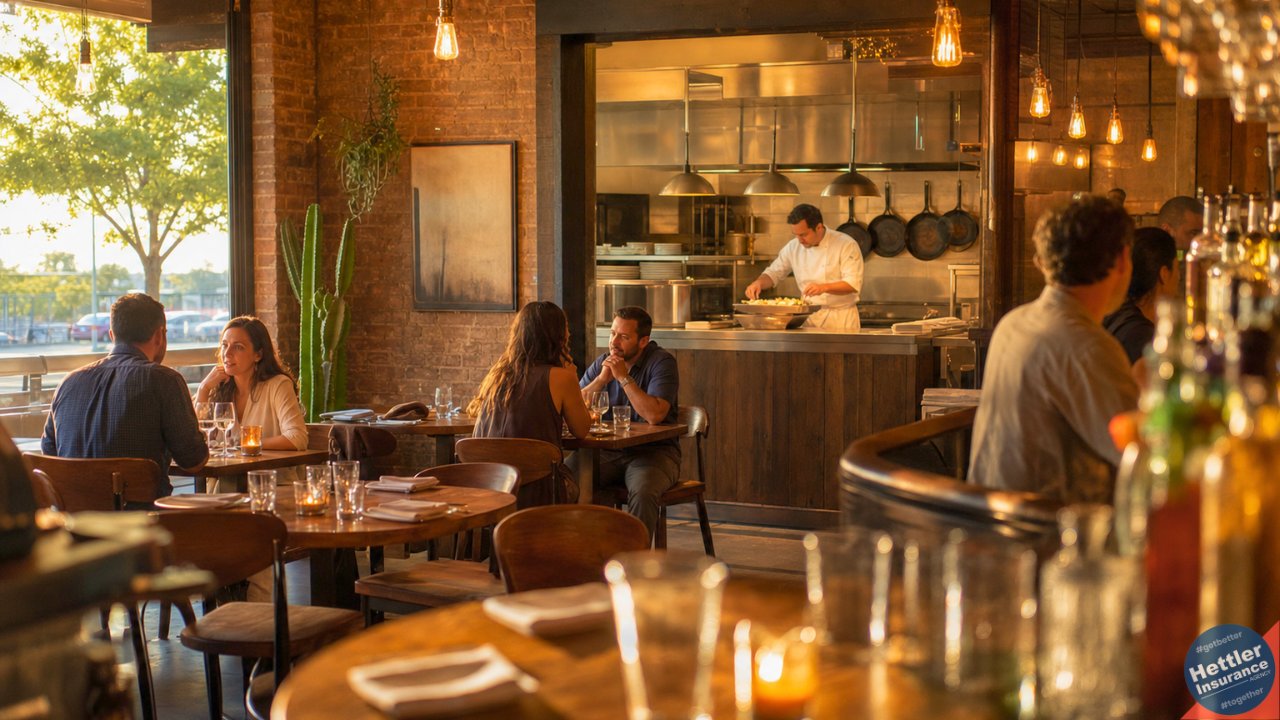 Warm interior of a busy Lubbock Texas restaurant during service with wooden tables, exposed brick, Edison pendant lights, a chef plating food in an open kitchen, and golden afternoon light through a large front window.