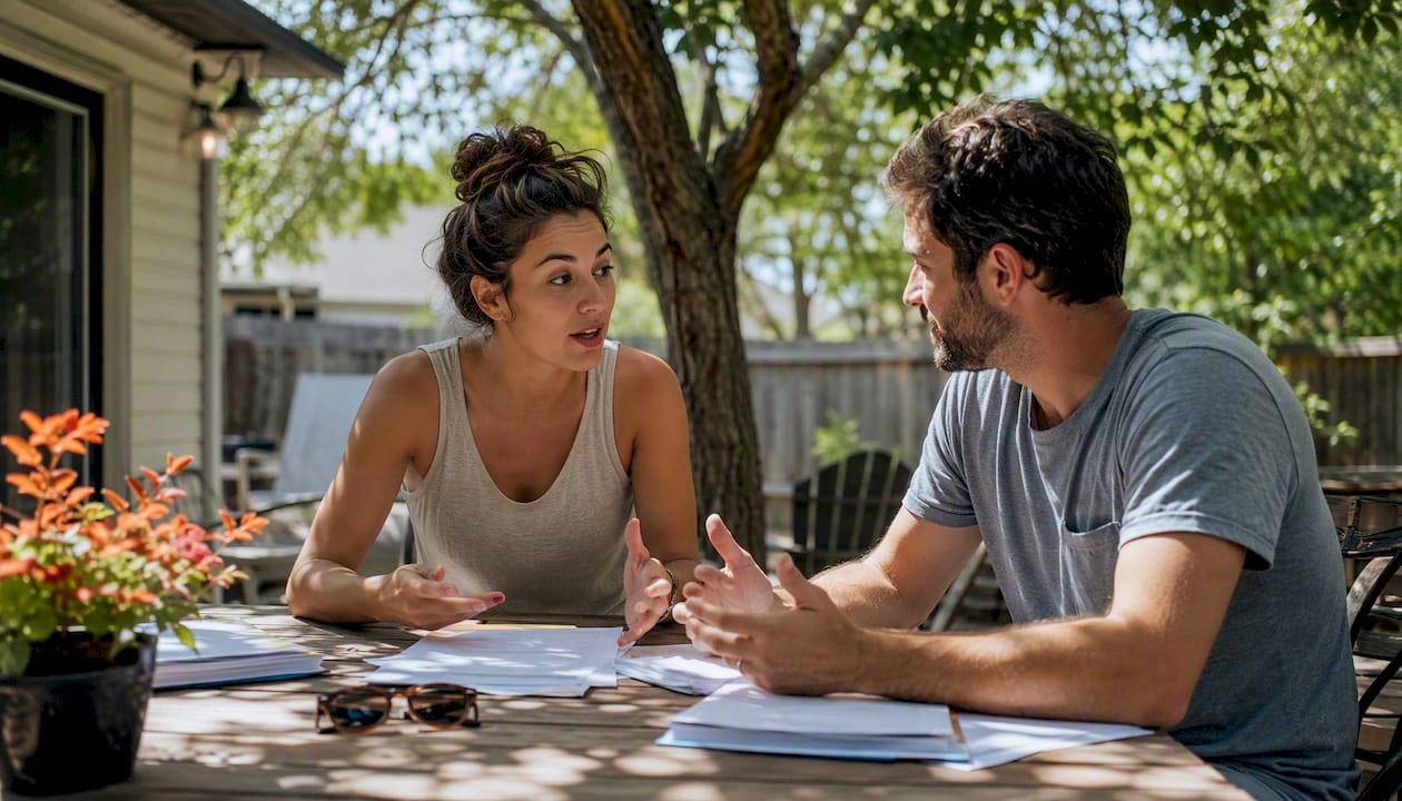 Couple discusses Texas landlord insurance rates papers at a shaded backyard table beside a rental home on a sunny day.