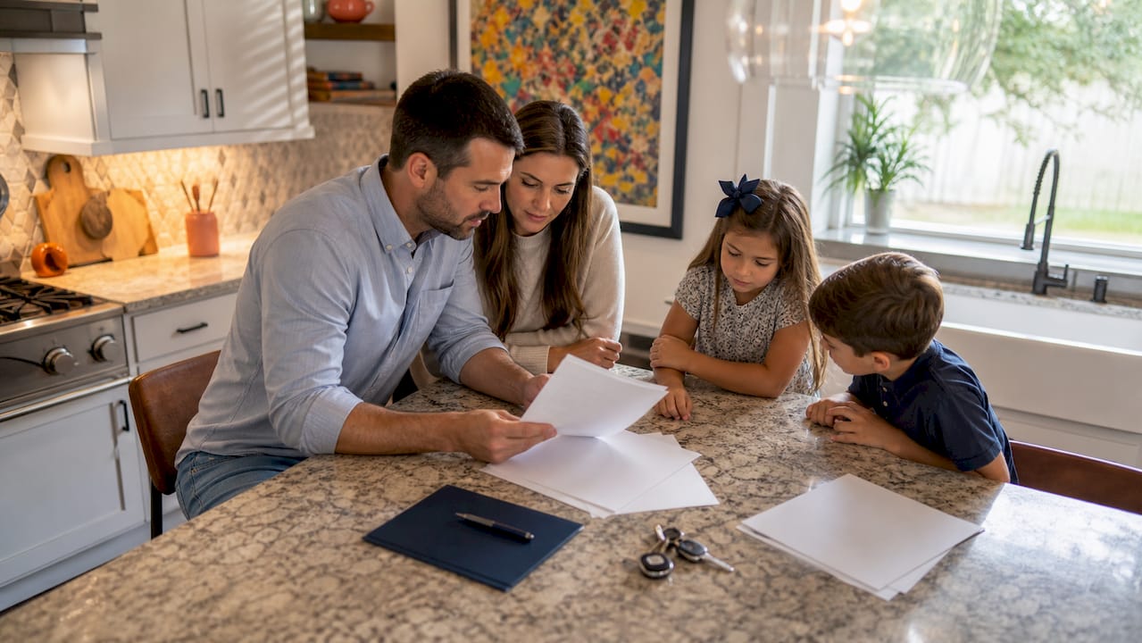Examples of insurance discounts: a Texas family reviews auto and home insurance papers together at their kitchen island.