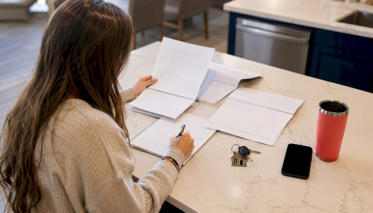 Home and auto bundling workflow: Lubbock Texas homeowner compares insurance quotes and takes notes at her kitchen island.
