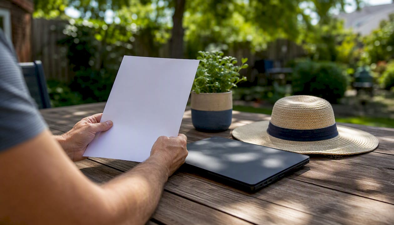 Home insurance myths debunked: a Lubbock Texas homeowner reviews a policy page at a backyard table beside a laptop and straw hat.