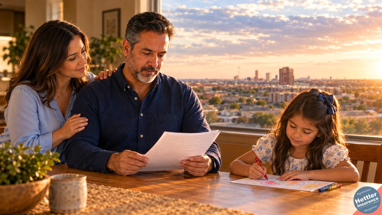 Life insurance paid by employer: a Lubbock Texas father reviews his benefits certificate at home with his wife and daughter.