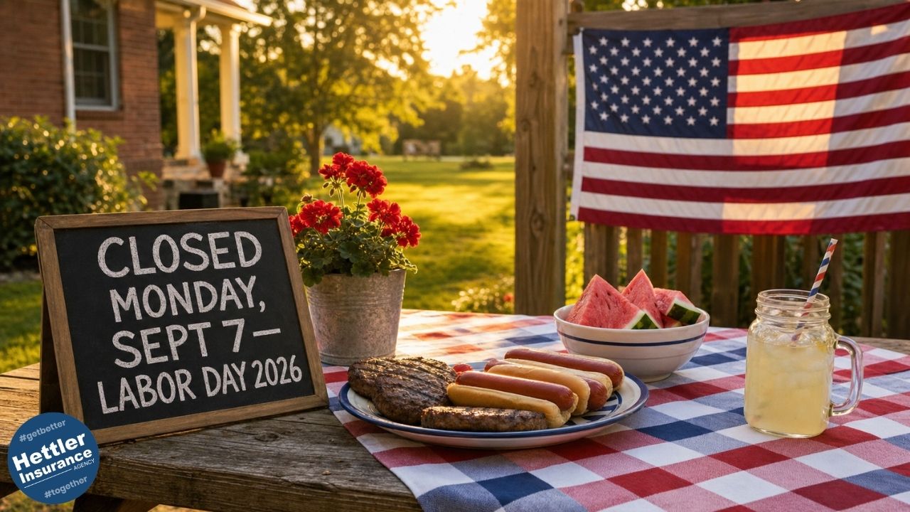 Rustic wood patio table with a chalkboard sign reading "Closed Monday, Sept 7 — Labor Day 2026" beside grilled burgers and hot dogs. | Hettler Insurance Agency, Lubbock Texas, 806-798-7800