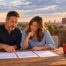 Texas homeowners compare three home insurance quotes side by side at a Lubbock patio table with the skyline at sunset.