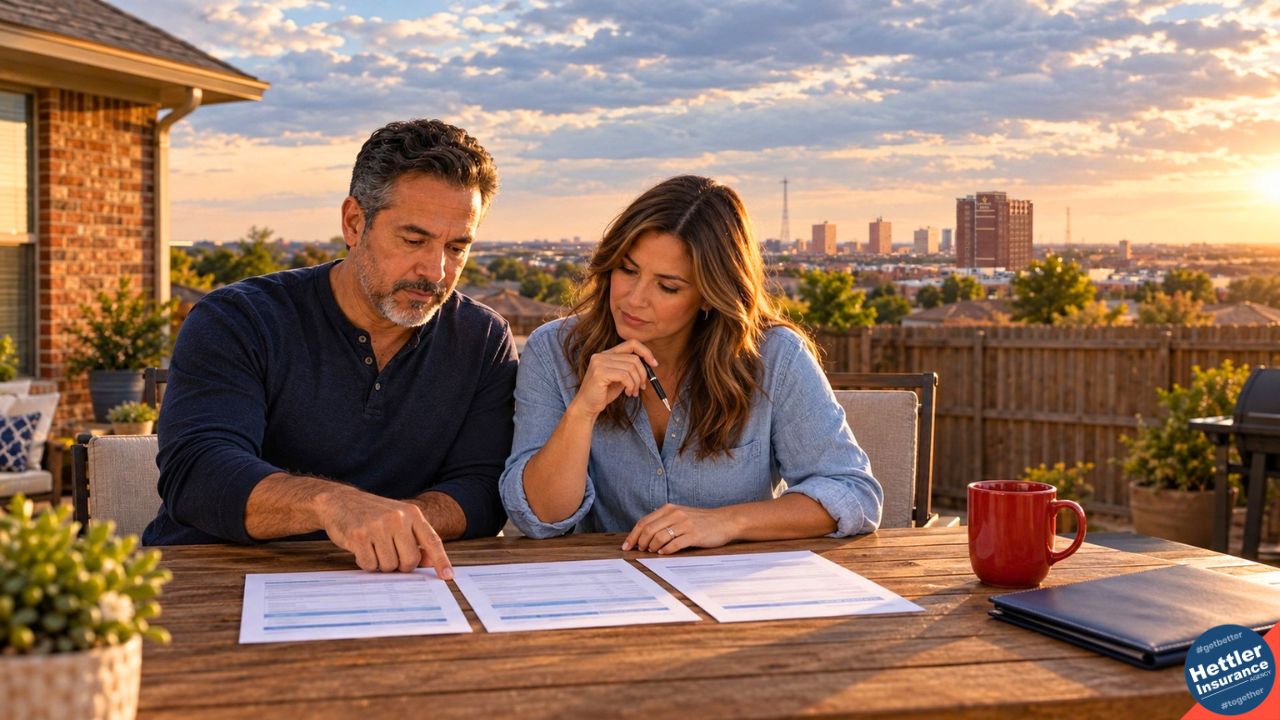 Texas homeowners compare three home insurance quotes side by side at a Lubbock patio table with the skyline at sunset.