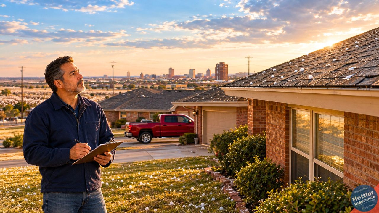 Understanding hail deductibles Texas: a Lubbock homeowner checks his hail-covered roof with a clipboard after a storm for insurance claim.