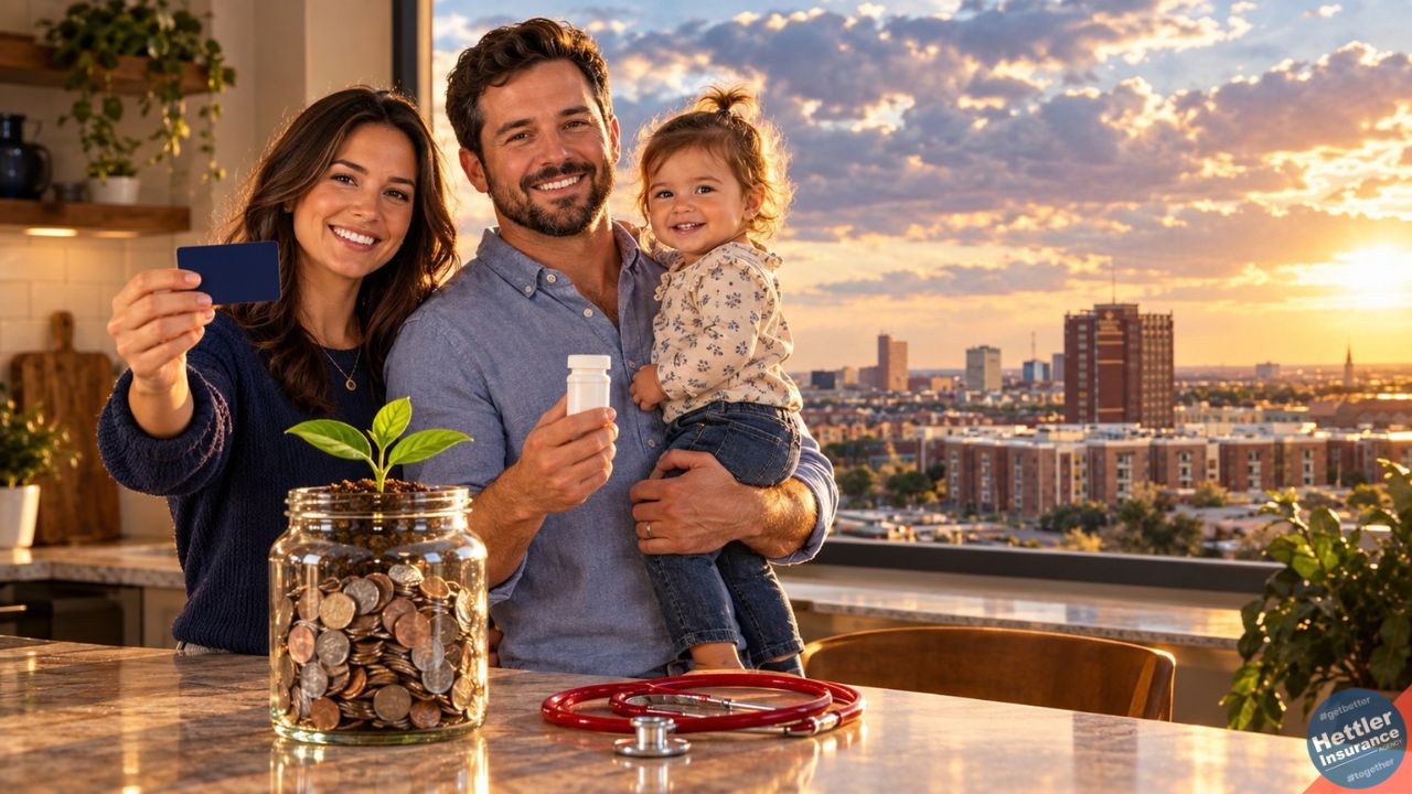 Consumer directed health plan (CDHP): Lubbock family with an HSA card, prescription, and a growing coin jar at golden hour.