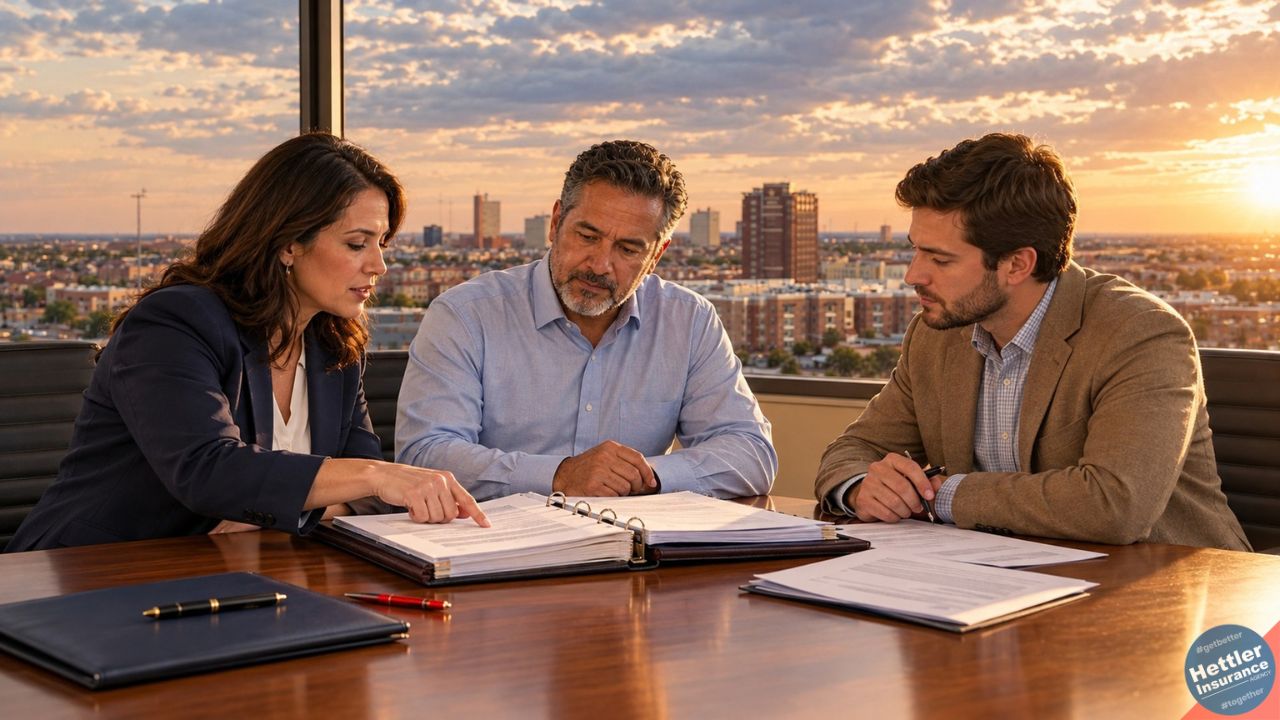Fiduciary coverage review: a Lubbock Texas benefits committee studies a plan binder at a conference table at sunset.
