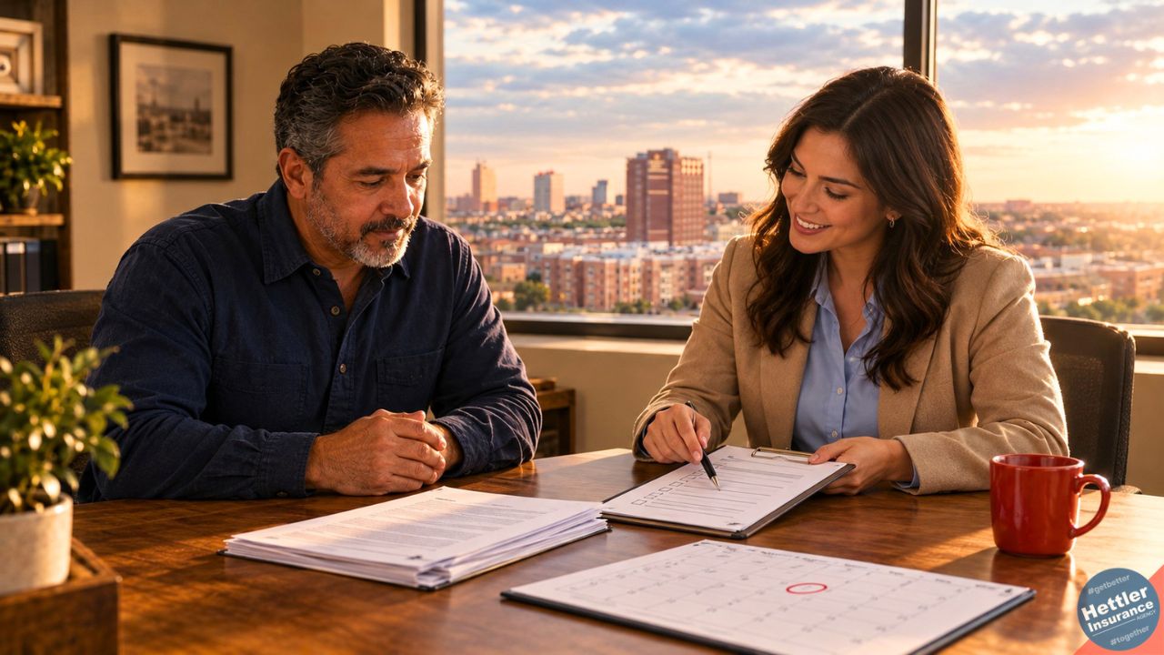 How to renew business policies in Texas: Lubbock owner and agent review a renewal checklist at golden hour