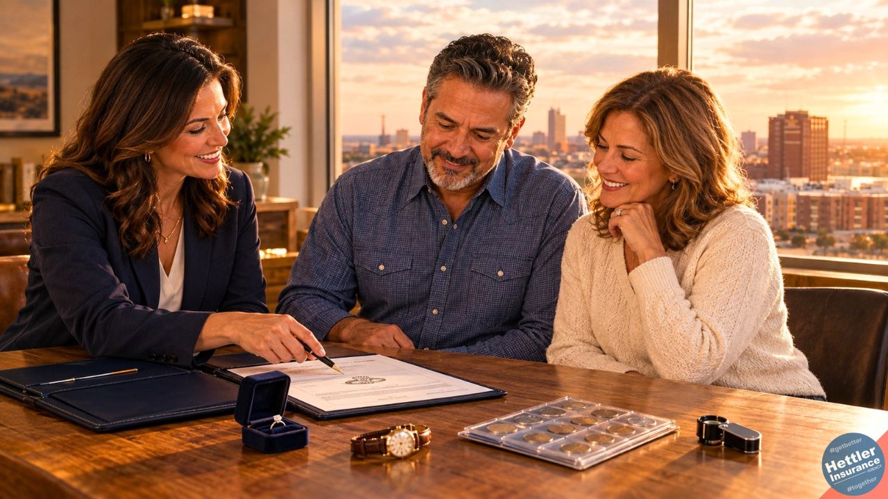 Insuring valuables: Lubbock Texas home insurance agent reviews a jewelry appraisal with a couple, with ring, watch, and coins on table