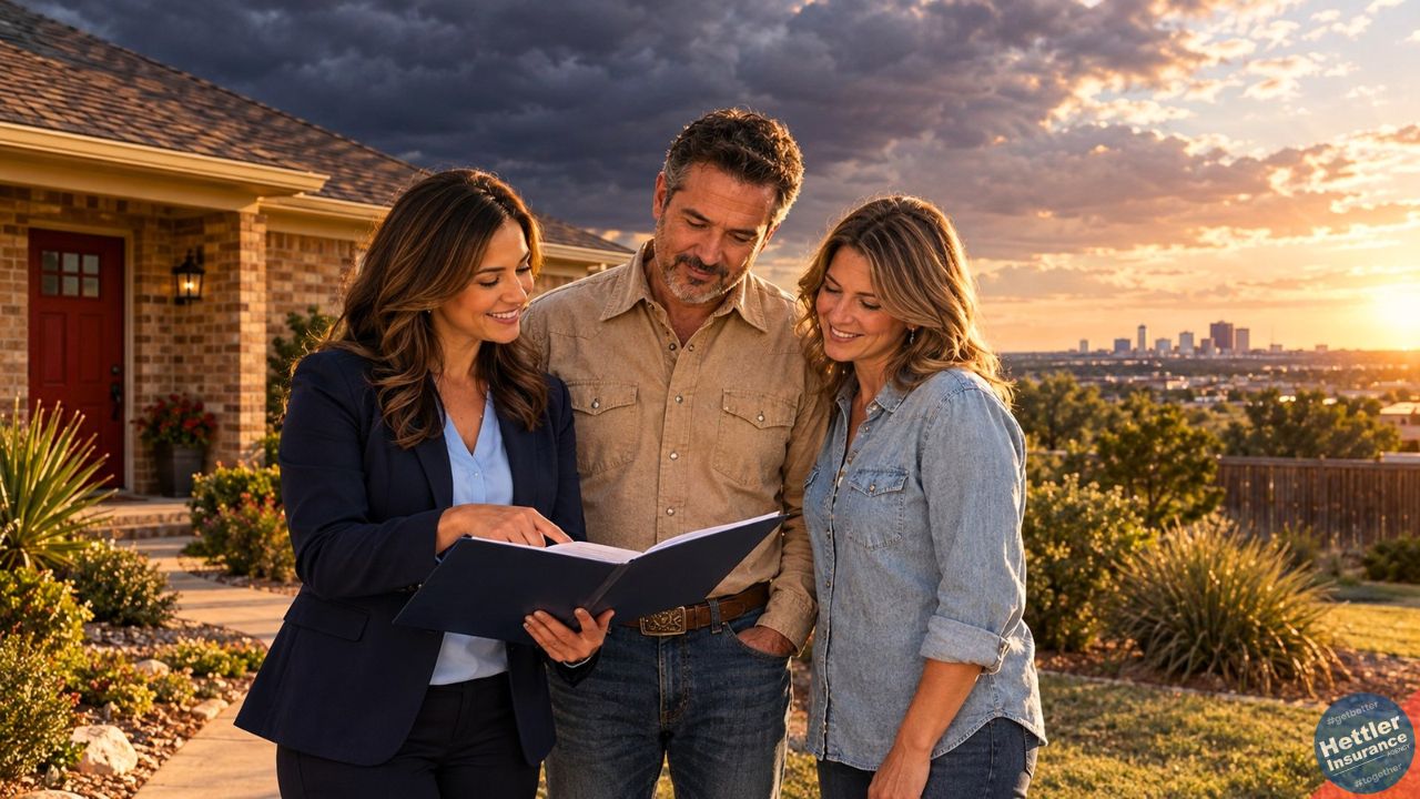 Open peril vs named peril review: Lubbock Texas home insurance agent shows a homeowner couple their policy outside a brick home